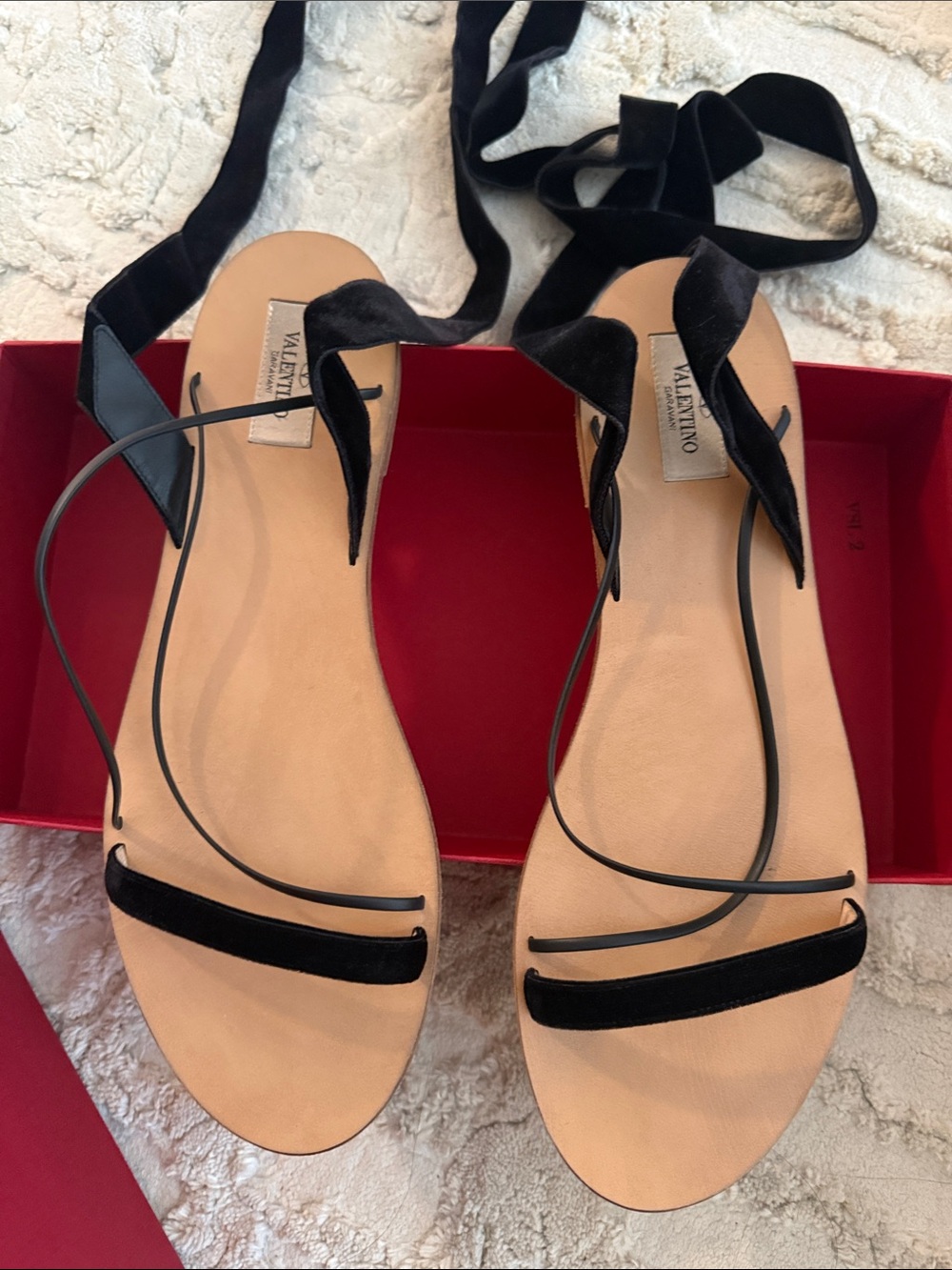 Valentino Black Velvet Tie-Up Flat Sandals